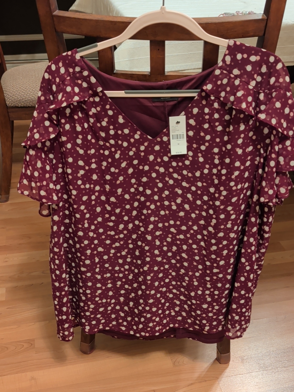 Lane Bryant Burgundy Polka Dot V-Neck Ruffle Sleeve Blouse